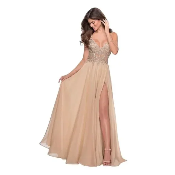 La Femme Nude Floral Appliqué Chiffon Evening Gown Maxi Dress Size 14 NWT